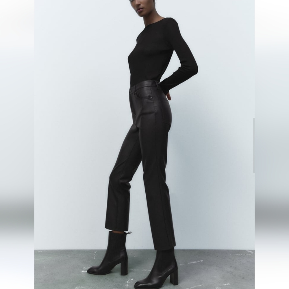 ZARA FLARED FAUX LEATHER  Pants BLACK Size 2 - Picture 5 of 11